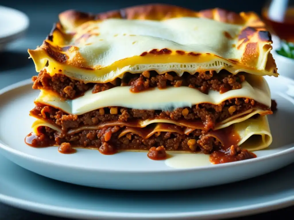 Deliciosa lasaña italiana con capas de pasta, salsa de carne, bechamel y queso fundido