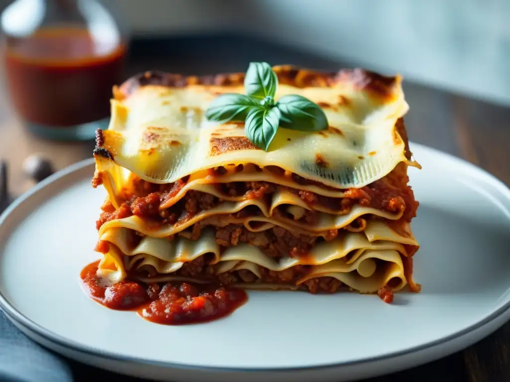 Deliciosa lasaña italiana casera con queso derretido, salsa de tomate y carne