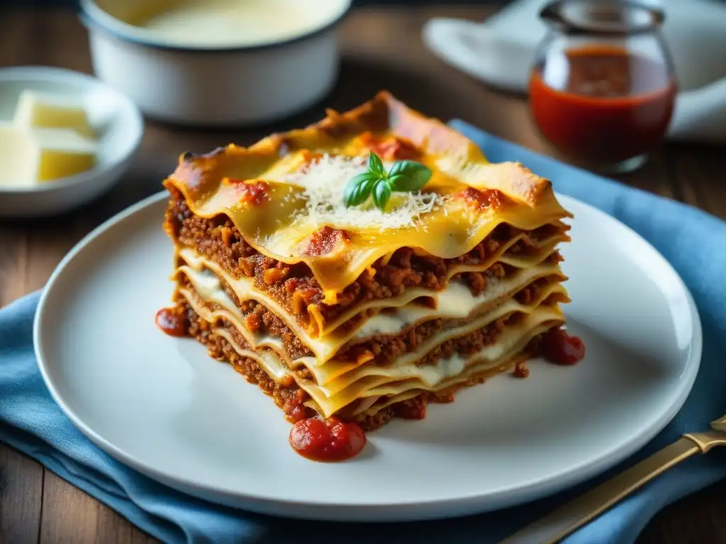 Deliciosa lasaña italiana casera con capas de salsa de tomate, pasta al dente, bechamel cremosa y queso Parmesano gratinado