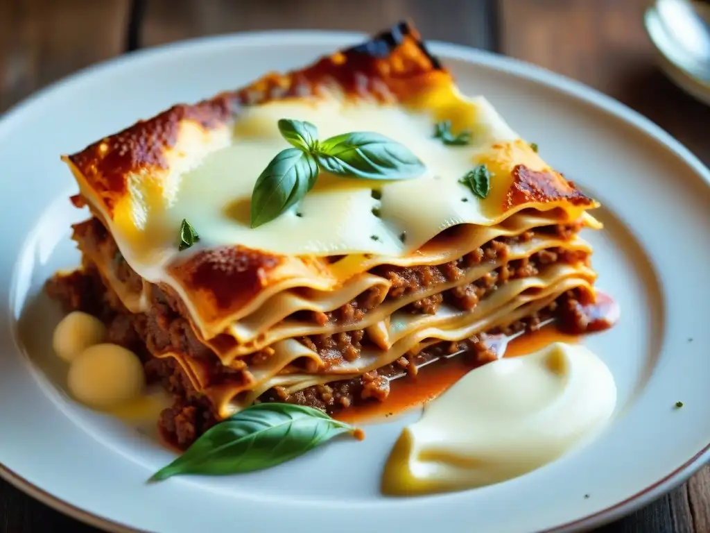 Deliciosa lasaña italiana tradicional, con capas de pasta, salsa de carne, bechamel y queso, decorada con albahaca fresca