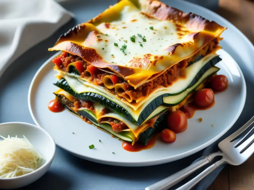 Deliciosa lasaña vegetariana: capas vibrantes de sabor Deliciosa lasaña vegetariana italiana innovadora con capas de salsa de tomate, bechamel, verduras asadas y queso parmesano fresco