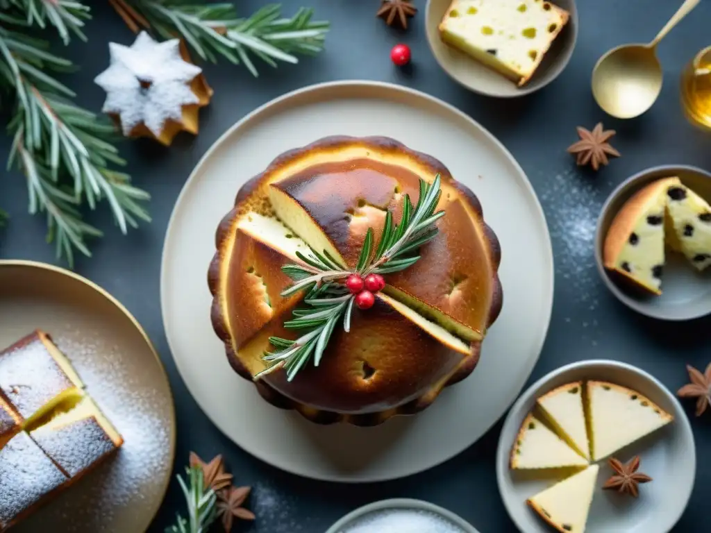 Deliciosa mesa navideña con Pandoro y Panettone, rodeados de romero fresco y azúcar glas