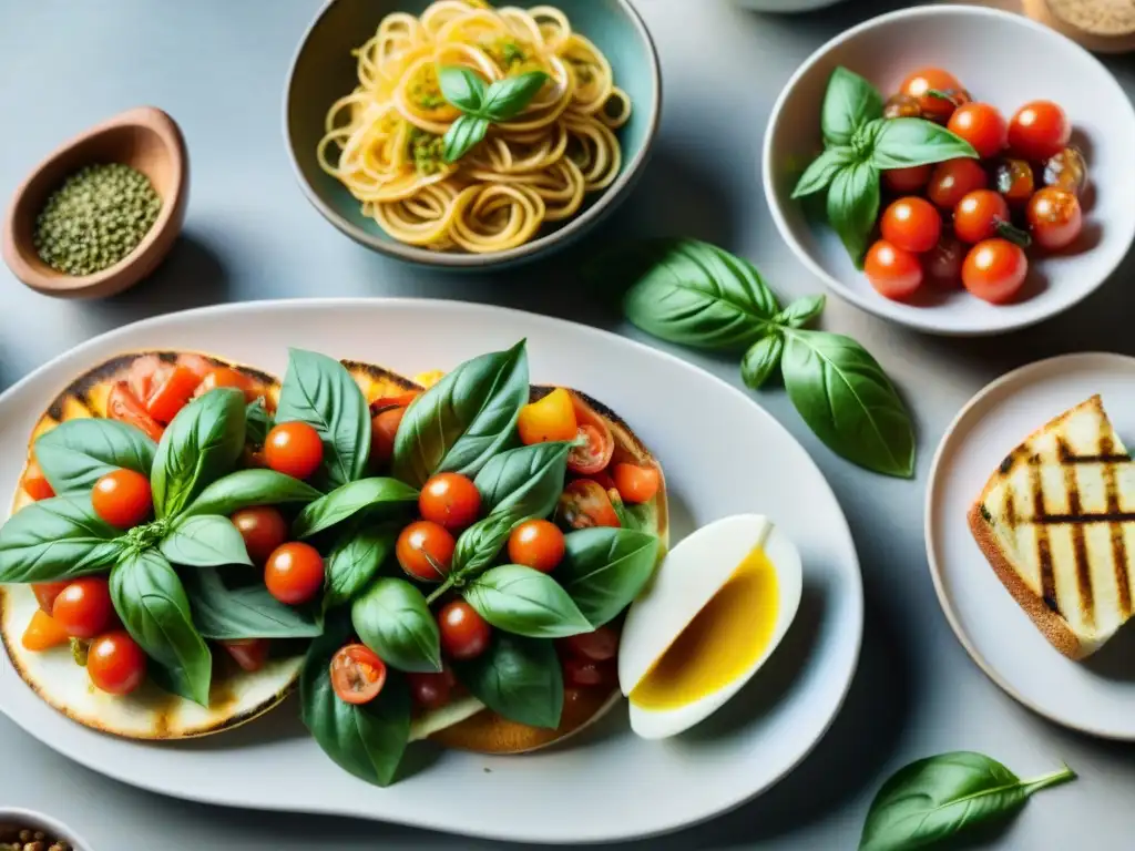 Deliciosa mesa rústica de platos italianos saludables en dieta, con colores vibrantes y frescura mediterránea