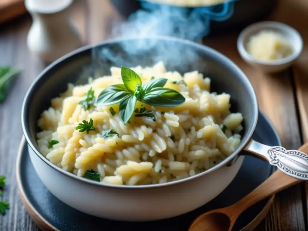 Deliciosa preparación del risotto paso a paso en una olla humeante, con hierbas frescas y queso Parmesano rallado