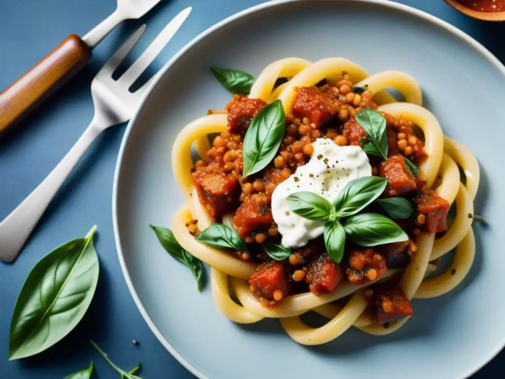 Deliciosa Pasta alla Norma receta vegetariana: pasta al dente con salsa de tomate, berenjena frita, albahaca y queso ricotta salata