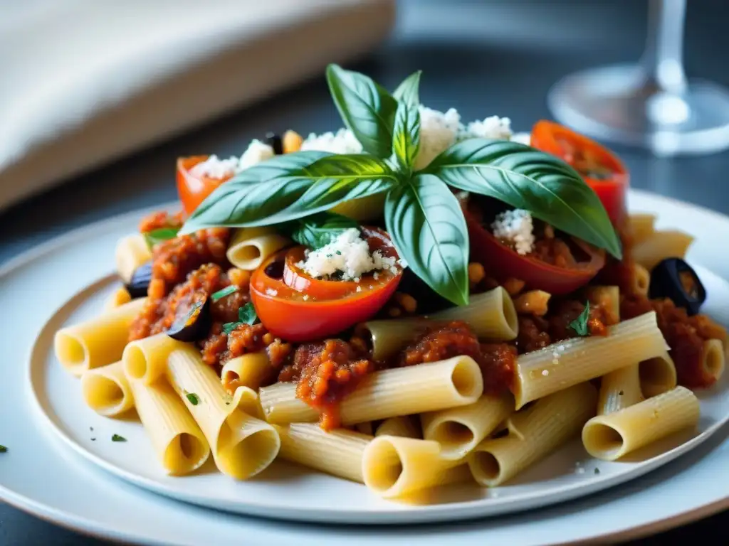 Una deliciosa Pasta alla Norma receta vegetariana con rigatoni, salsa de tomate, berenjena frita, ricotta salata y albahaca fresca