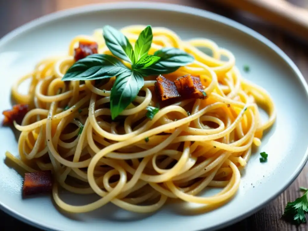 Deliciosa pasta carbonara casera con panceta crujiente y queso pecorino fresco, ideal para amantes de las apps para cocinar cocina italiana