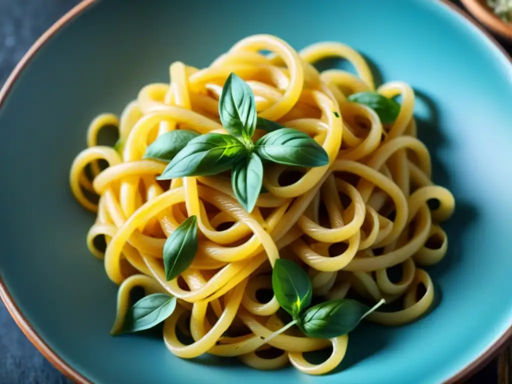 Deliciosa pasta al dente con hierbas frescas y aceite de oliva en un tazón de cerámica rústico