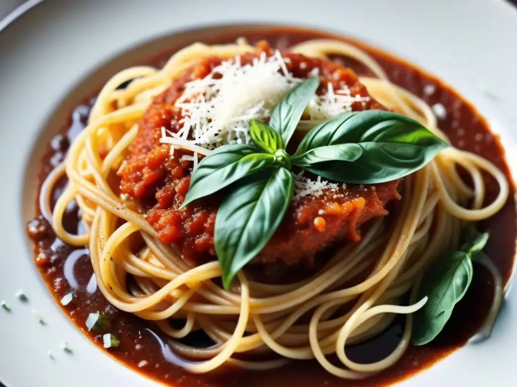 Deliciosa pasta al dente con salsa de tomate vibrante, albahaca fresca y queso parmesano rallado