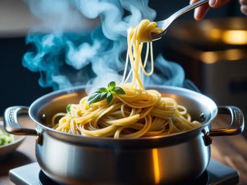 Deliciosa pasta italiana al dente bañada en salsa y hierbas frescas, cocinada con secretos de perfección culinaria