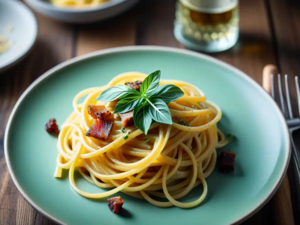 Deliciosa pasta carbonara italiana con panceta crujiente y queso pecorino, acompañada de vino tinto y pan recién horneado en mesa rústica