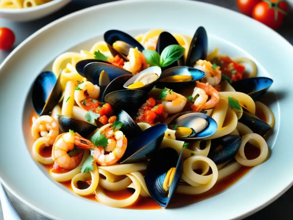 Deliciosa pasta con mariscos receta tradicional italiana, un festín de sabores y colores vibrantes