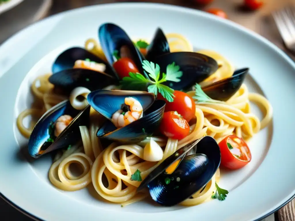 Deliciosa pasta con mariscos receta tradicional, con mariscos variados y salsa de tomate y vino blanco