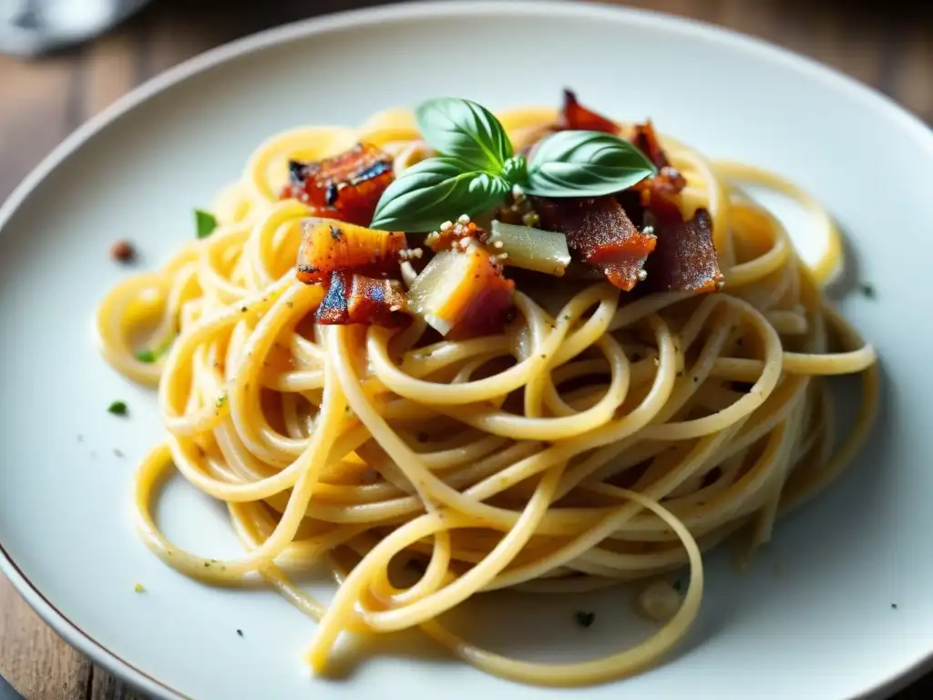 Deliciosa pasta carbonara en plato de cerámica, evocando la cocina italiana tradicional y tendencias