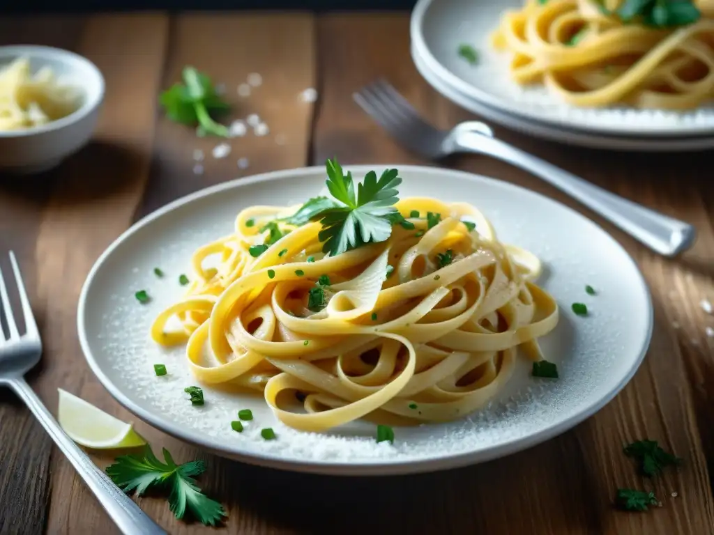 Deliciosa pasta alfredo con queso parmesano y perejil en mesa de madera