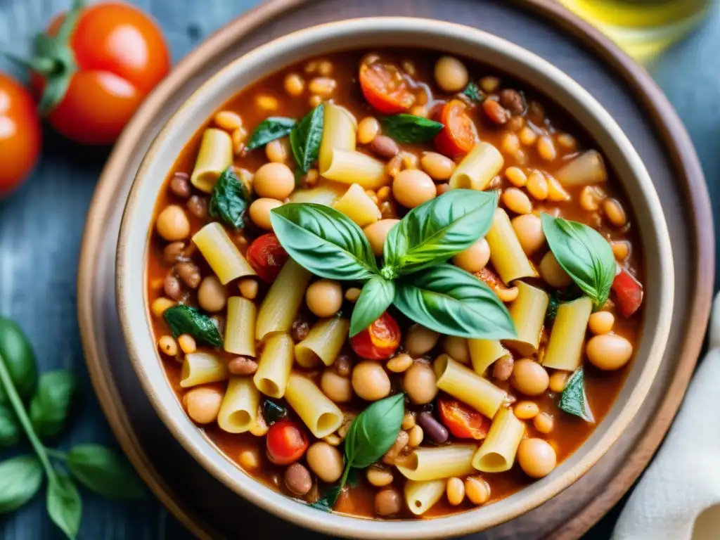 Deliciosa Pasta e Fagioli receta tradicional en un cuenco rústico con tomates, frijoles, pasta, albahaca y aceite de oliva