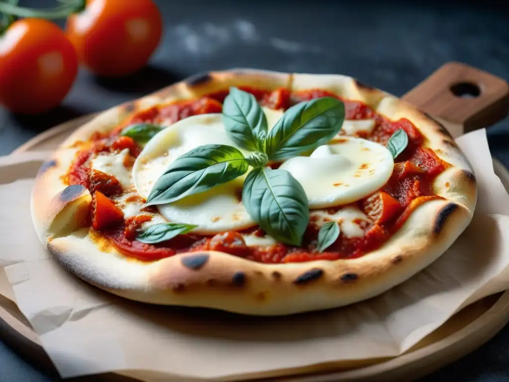 Deliciosa pizza napolitana tradicional recién salida del horno de leña, con mozzarella derretida, salsa de tomate y albahaca fresca