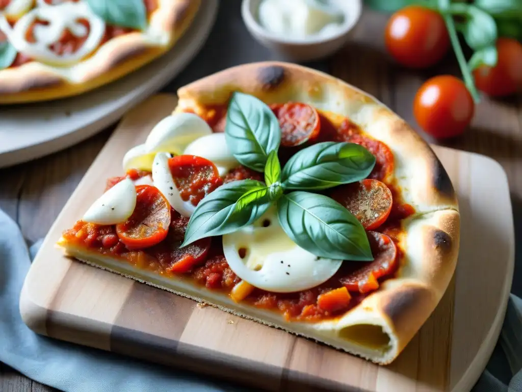 Deliciosa pizza al taglio romana con técnicas artesanales, corte cuadrado y vibrantes ingredientes sobre tabla de madera