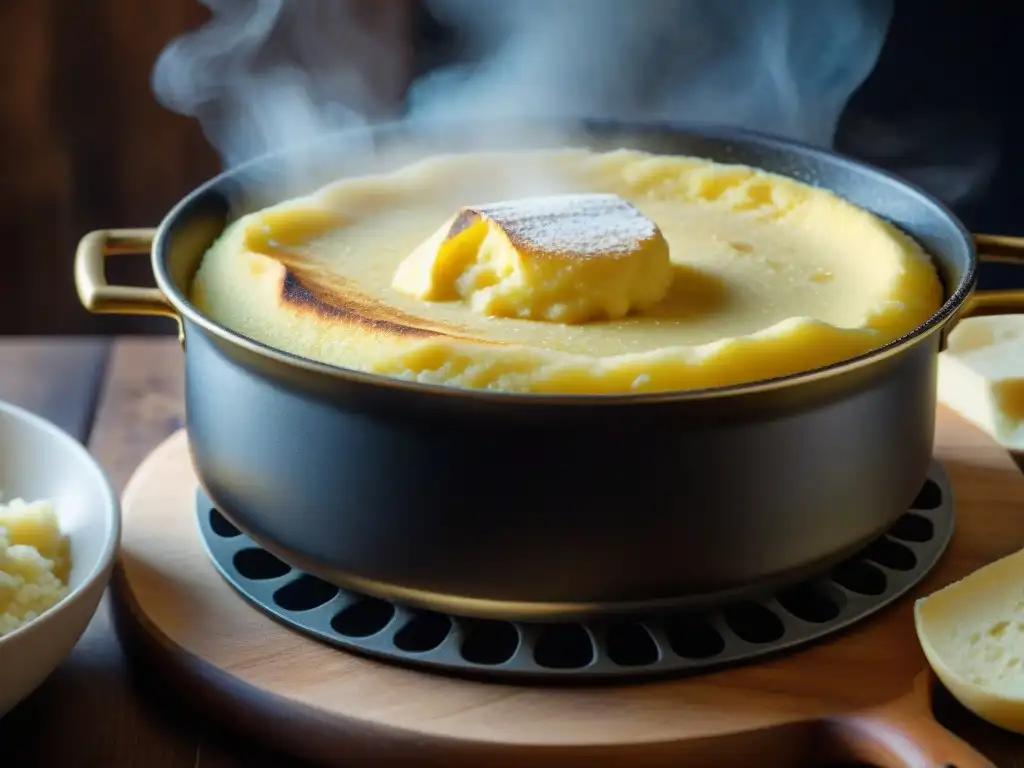 Deliciosa polenta cremosa cocinándose en una olla rústica, evocando la tradición de la cocina italiana del norte