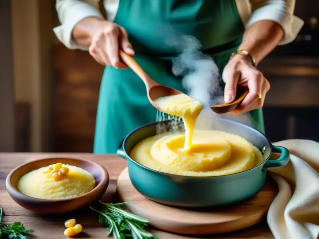 Deliciosa polenta italiana tradicional siendo preparada en una olla burbujeante, con granos de maíz dorado esparcidos y un libro de recetas abierto