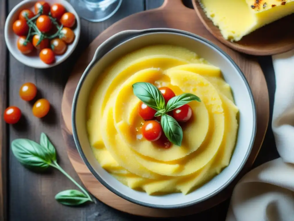 Una deliciosa polenta italiana tradicional con tomates asados y queso parmesano, en un ambiente rústico y acogedor