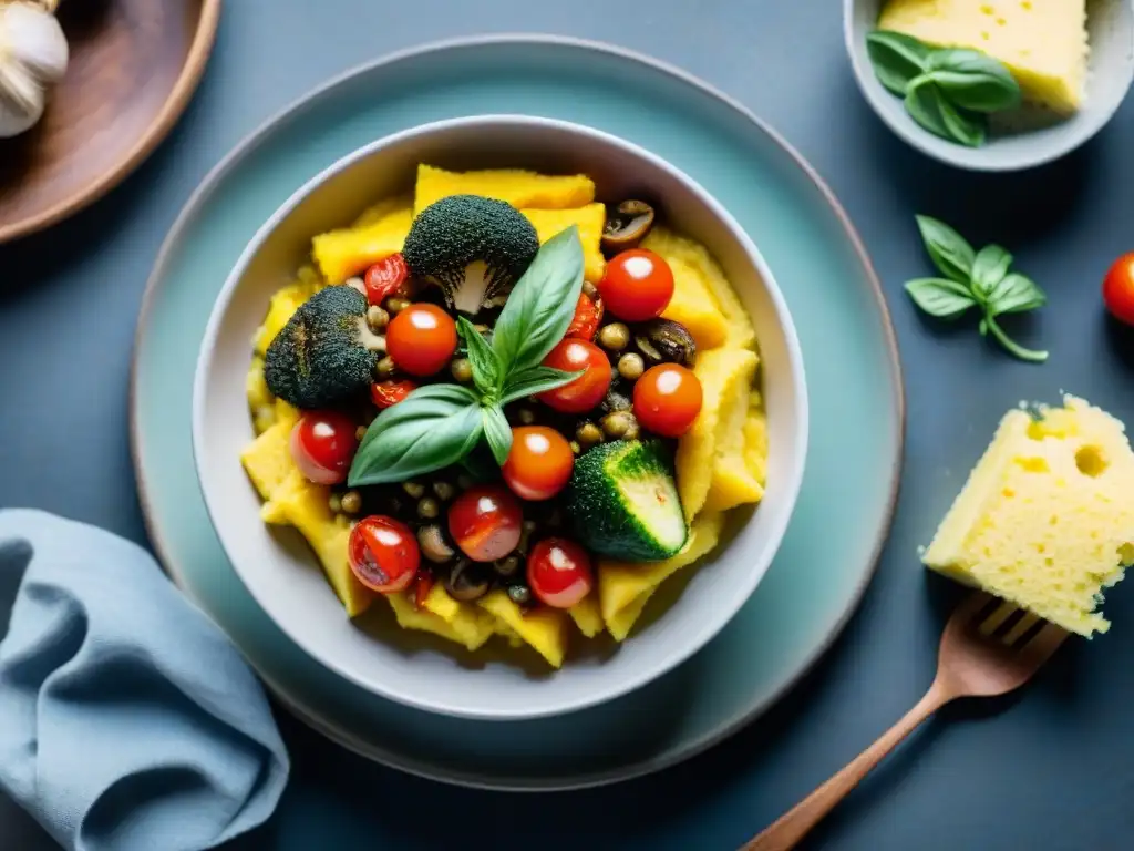 Una deliciosa polenta vegana innovadora y reconfortante con vegetales coloridos y hierbas frescas