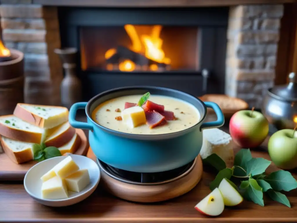 Deliciosa fondue de queso Fontina con ingredientes para mojar en mesa de madera invernal frente a la chimenea, 'Recetas con queso Fontina invierno'