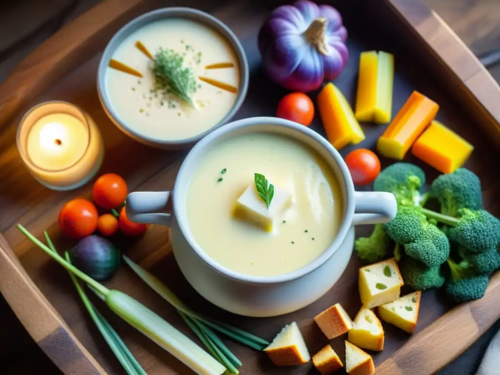 Deliciosa fondue de queso Fontina con vegetales de invierno y pan artesanal para mojar, en una mesa rústica iluminada por velas