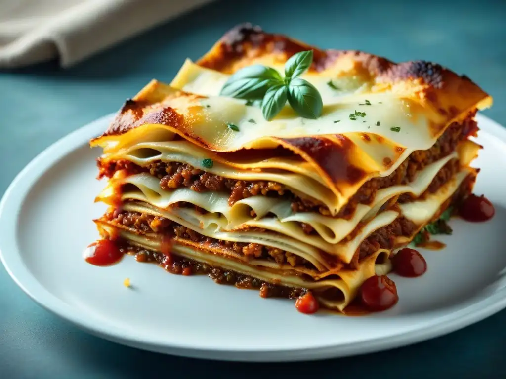 Deliciosa lasaña boloñesa casera con queso fundido, salsa de tomate y hierbas aromáticas