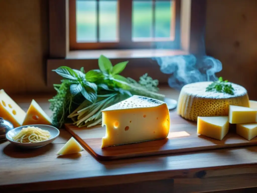 Deliciosa combinación de queso y pasta en mesa rústica con luz cálida