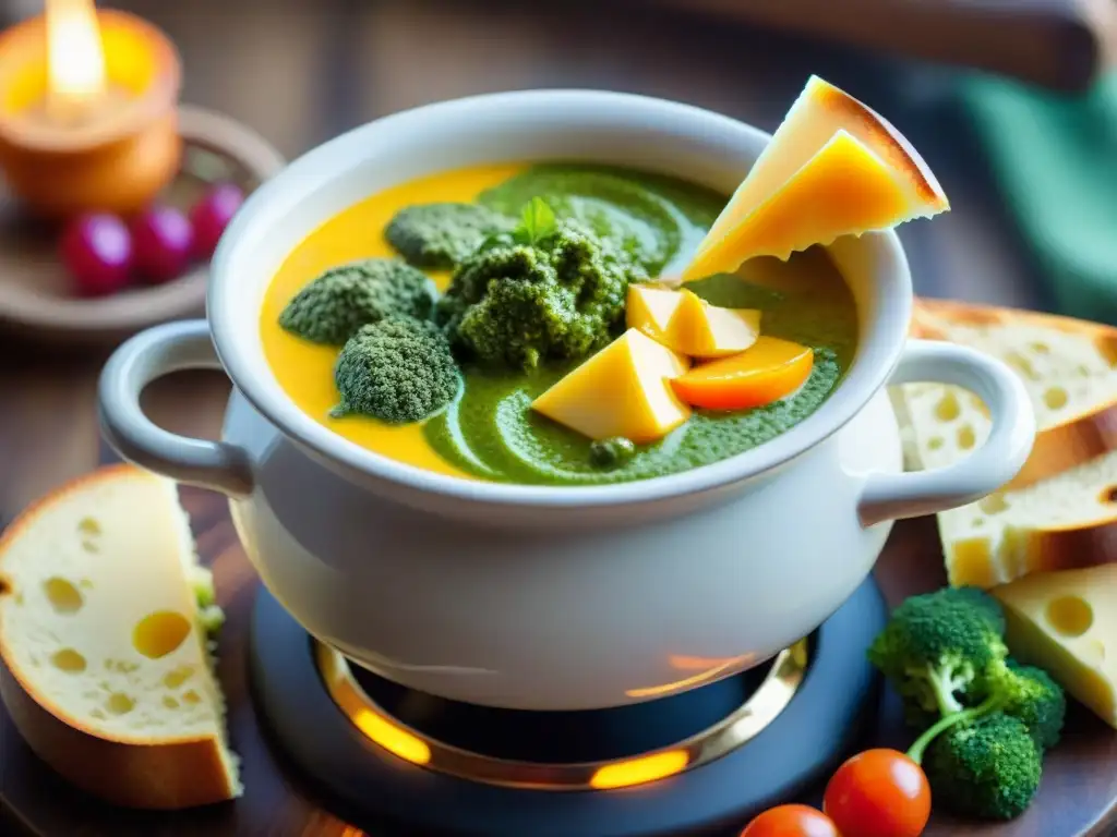 Deliciosa fondue de queso con pesto en una fusión culinaria suiza e italiana