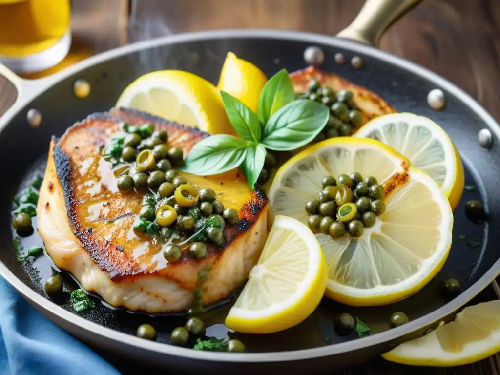 Una deliciosa receta auténtica de Scaloppine al Limone: bistec dorado con limón y alcaparras en sartén