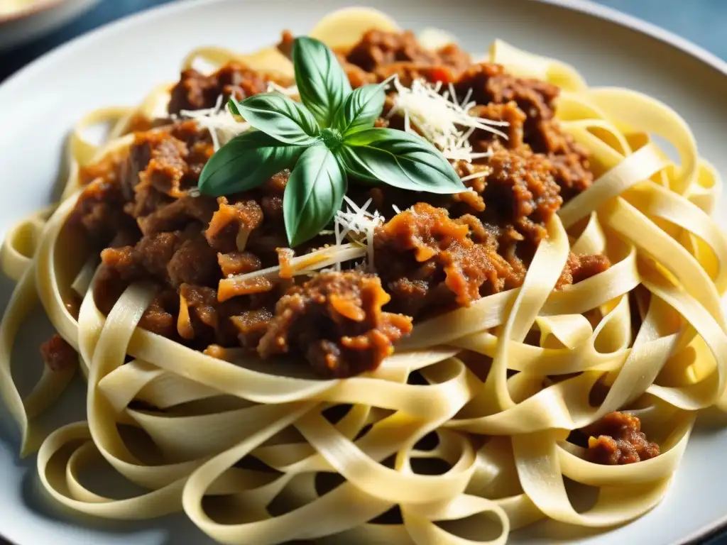 Una deliciosa receta auténtica de tagliatelle al ragú boloñés, con salsa rica y vapor caliente