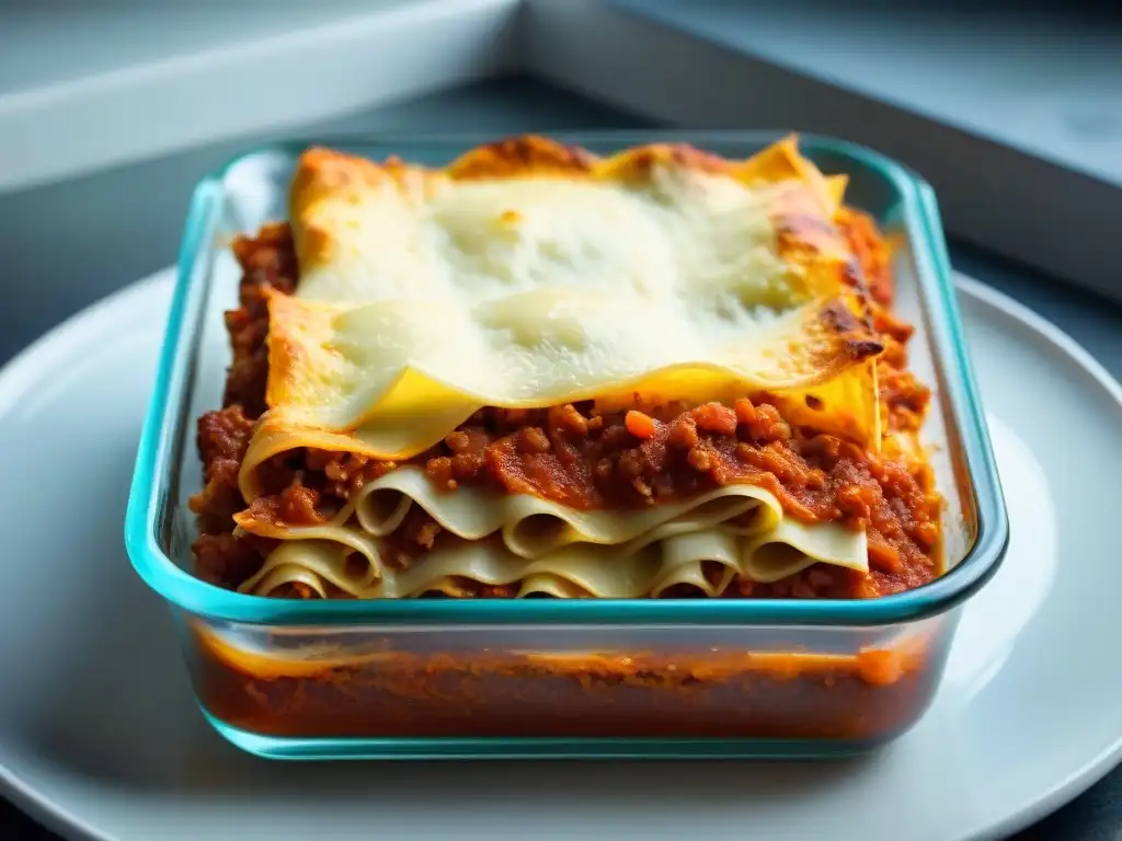 Deliciosa receta auténtica lasaña boloñesa con capas de pasta, salsa y queso Parmesano en un molde de vidrio transparente