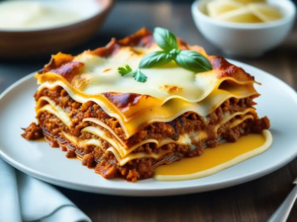 Deliciosa receta auténtica de lasaña boloñesa con capas doradas y burbujeantes de queso, salsa boloñesa, bechamel y pasta, evocando calidez y confort