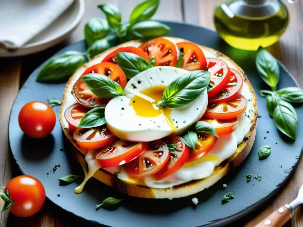 Una deliciosa receta auténtica de Insalata Caprese: tomate rojo, mozzarella, aceite de oliva y albahaca fresca en una tabla rústica