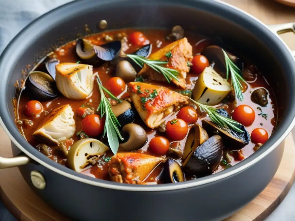 Deliciosa receta auténtica de pollo cacciatore Italia: olla burbujeante con tomates, champiñones y hierbas aromáticas, creando una atmósfera acogedora