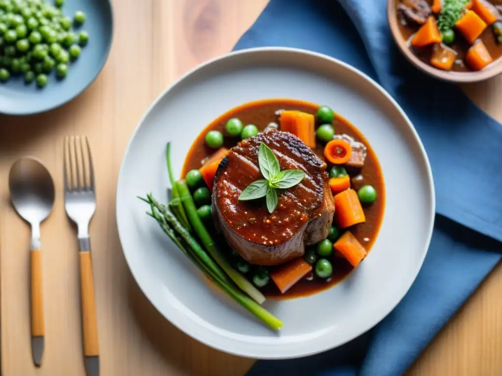 Deliciosa receta osso buco baja calorías con vegetales coloridos y hierbas frescas en mesa rústica