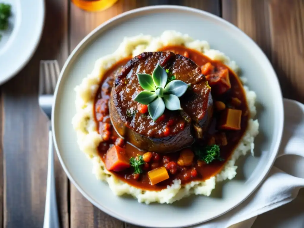 Deliciosa receta osso buco baja calorías, con osso buco de suculenta carne en salsa de tomate y vegetales, servido sobre puré de coliflor cremoso