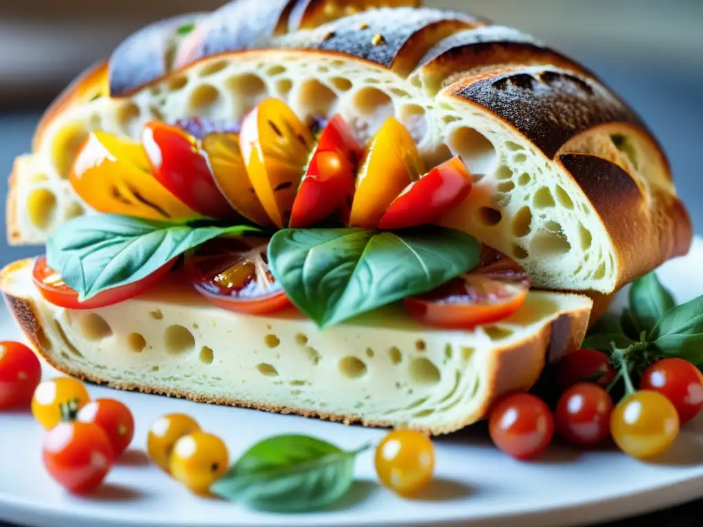 Deliciosa receta Pane Cunzato Siciliano con pan dorado, tomates, albahaca, prosciutto y aceite de oliva