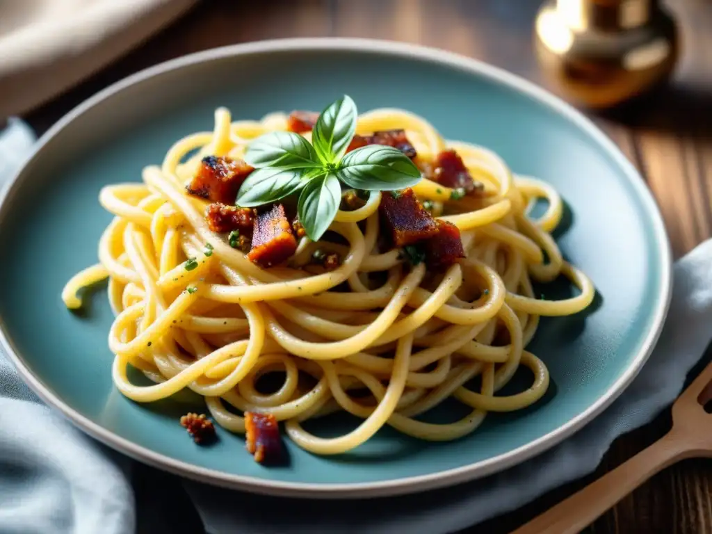 Deliciosa receta espaguetis carbonara vegana con salsa cremosa y trozos de bacon vegano