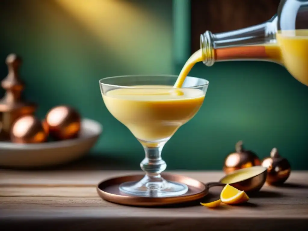 Deliciosa receta fácil zabaglione italiano servido en copa, en una cocina rústica con utensilios de cobre