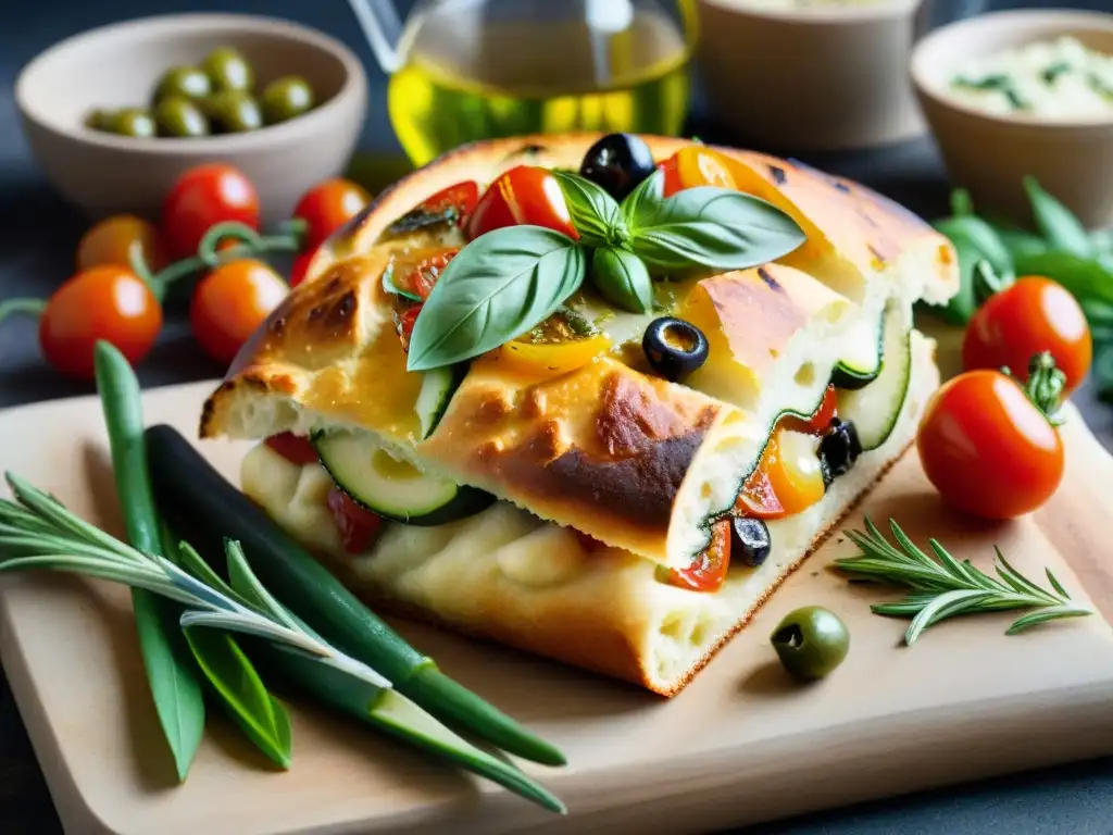 Deliciosa receta de focaccia pan italiano vegetariano con tomates cherry, aceitunas y hierbas frescas en una mesa rústica