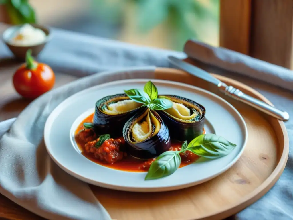 Deliciosa Receta de Involtini de Berenjena servida en una mesa rústica de madera, creando una atmósfera cálida y acogedora