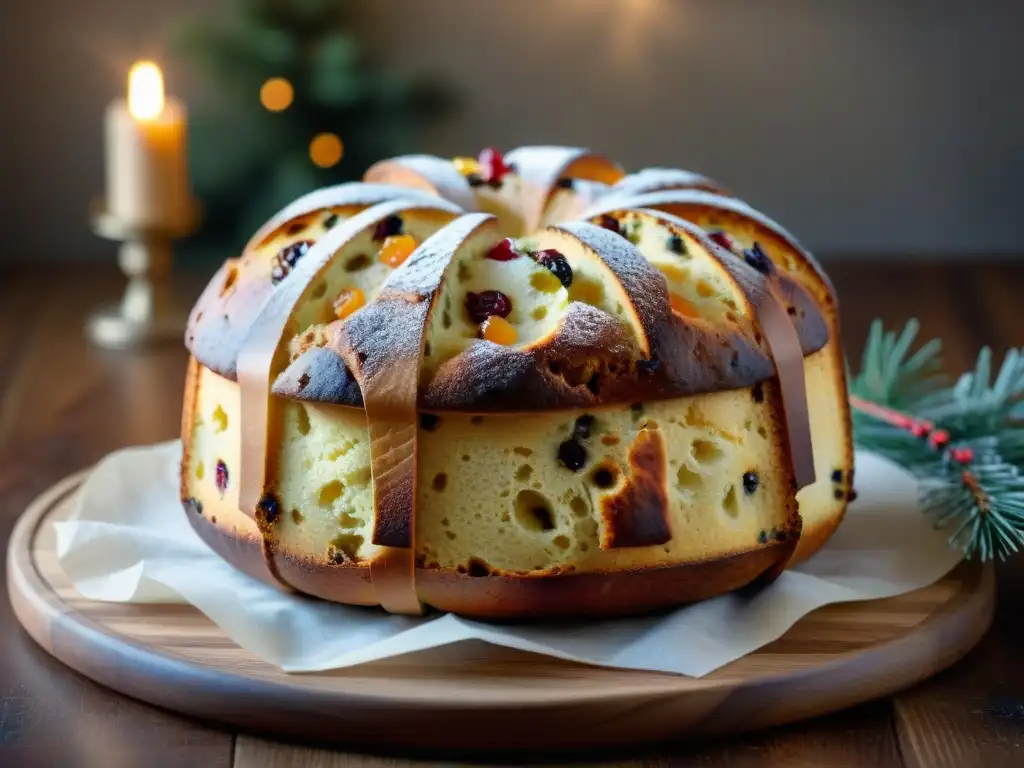 Deliciosa receta panettone vegano fácil: panettone recién horneado con frutas confitadas y pasas, esponjoso y dorado