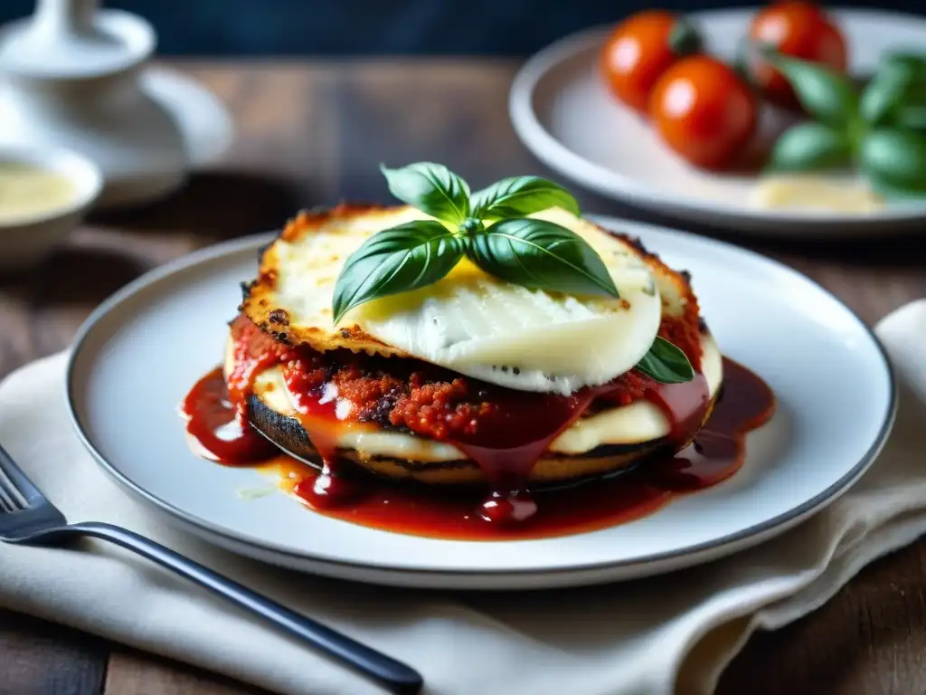 Deliciosa receta Parmigiana de berenjenas italiana tradicional con capas de queso, salsa de tomate y hojas de albahaca fresca