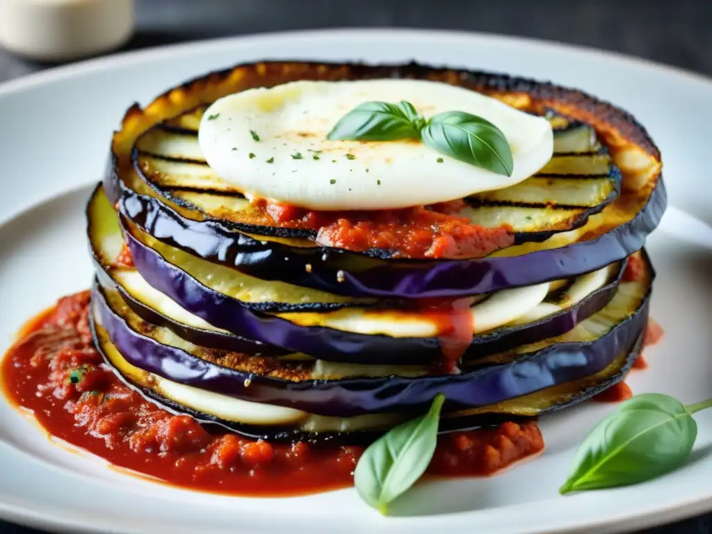 Deliciosa receta Parmigiana berenjenas italiana tradicional con capas de berenjena frita, salsa de tomate y queso derretido