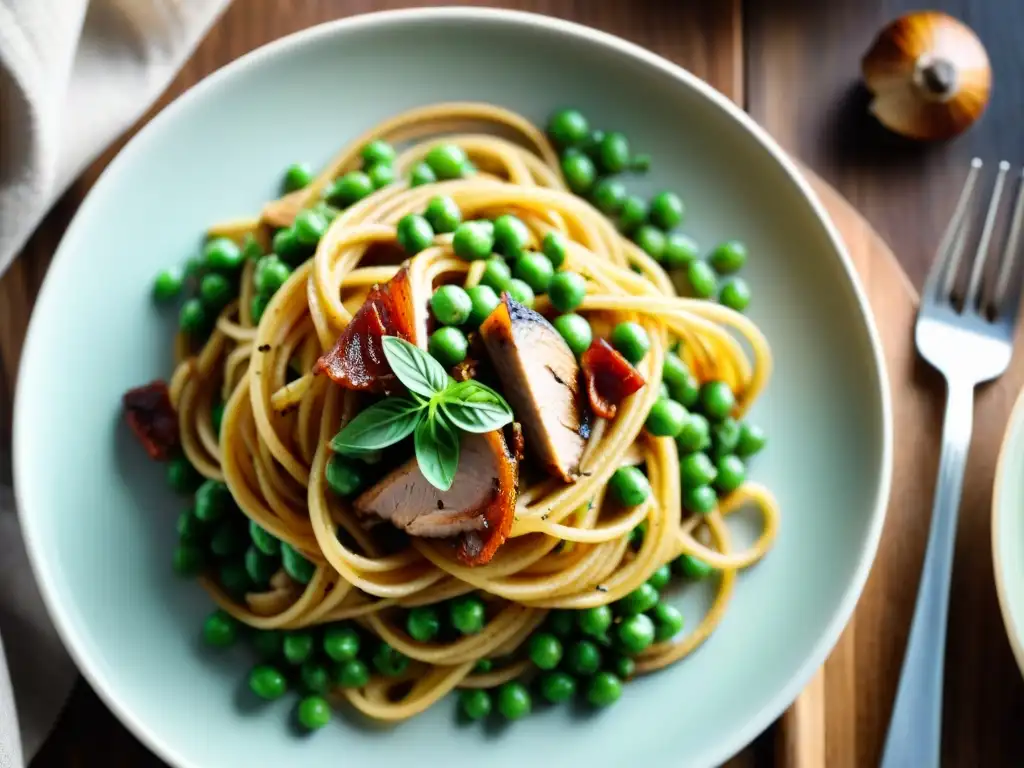 Deliciosa receta pasta carbonara ligera con ingredientes frescos y colores vibrantes