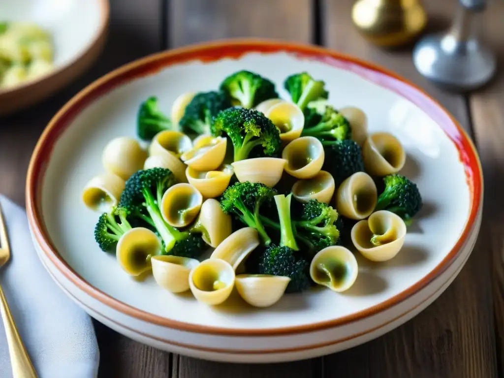 Deliciosa receta de orecchiette con brócoli en una presentación vibrante y apetitosa