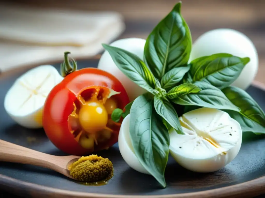 Deliciosa receta caprese reinventada con tomate, mozzarella y albahaca fresca sobre mesa rústica italiana